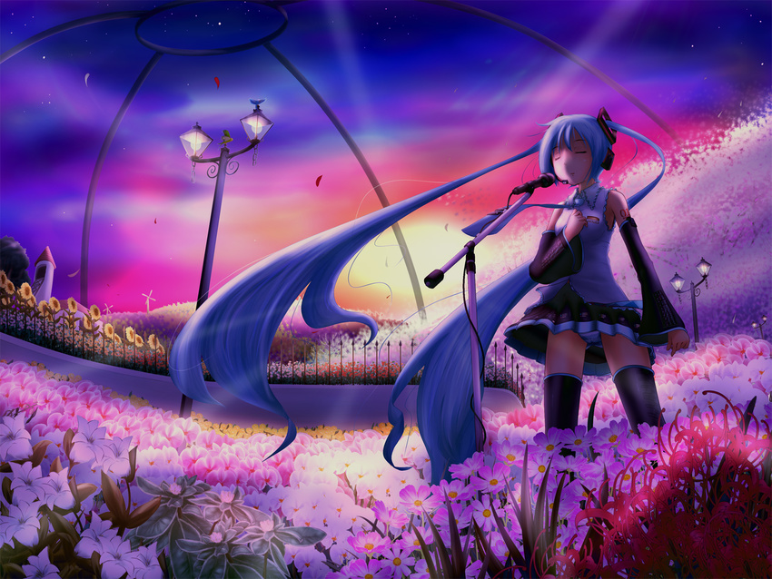 blue_hair detached_sleeves field flower flower_field green_panties hatsune_miku headphones highres kou_(haijindeath) long_hair microphone microphone_stand panties pantyshot skirt solo striped striped_panties thighhighs twintails underwear upskirt very_long_hair vocaloid wallpaper