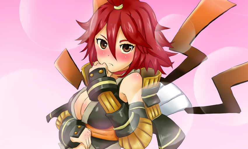 .hack//g.u. .hack//link 1girl armor bandai blush body_blush breasts brown_eyes cleavage cyber_connect_2 female gauntlets gradient gradient_background ka-9 red_hair redhead short_hair solo yowkow yowkow_(.hack//)