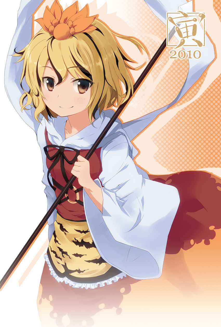 2010 bad_id bad_pixiv_id bishamonten's_spear blonde_hair h@ll hair_ornament highres new_year polearm polka_dot shadow shawl short_hair smile solo spear toramaru_shou touhou weapon yellow_eyes