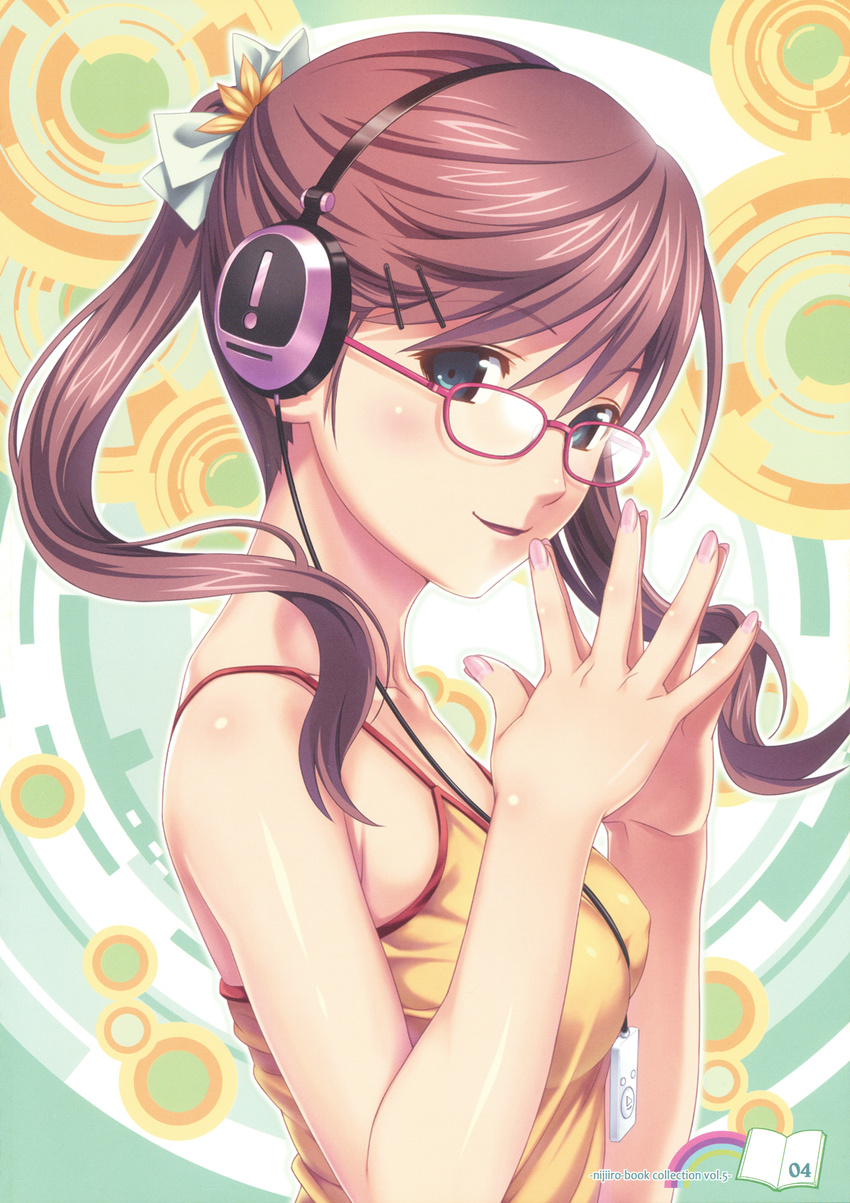 absurdres blue_eyes brown_hair camisole glasses hair_ornament hairpin hands headphones highres koutaro long_hair nail_polish original pink_nails ribbon smile solo twintails