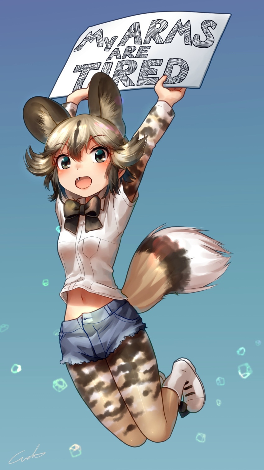 :d african_wild_dog_(kemono_friends) african_wild_dog_print animal_ears arms_up blonde_hair boots bow bowtie brown_hair check_commentary collared_shirt commentary commentary_request cutoffs denim denim_shorts dog_ears dog_tail english extra_ears eyebrows_visible_through_hair fang grey_hair highres irony jumping kemono_friends long_sleeves looking_at_viewer midriff_peek multicolored_hair navel open_mouth pantyhose print_legwear shirt short_hair short_sleeves shorts sign signature smile solo tail welt_(kinsei_koutenkyoku)