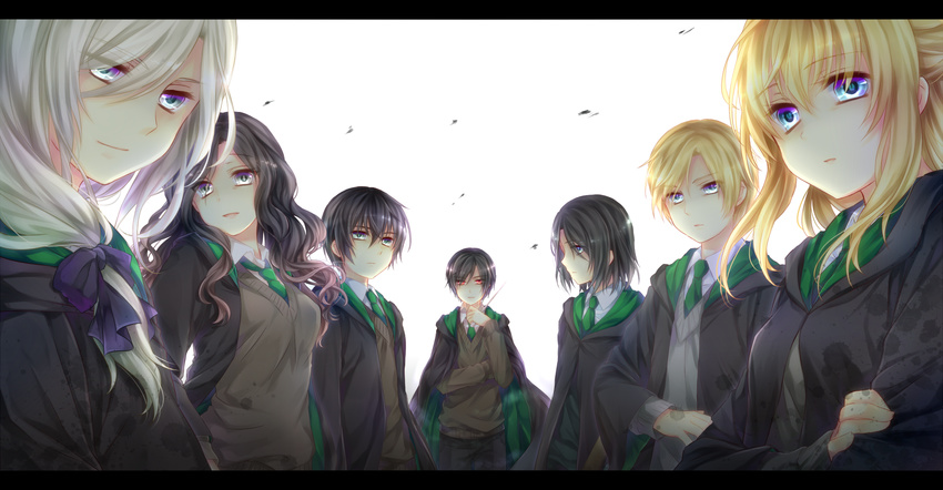 bellatrix_lestrange black_hair blonde_hair draco_malfoy harry_potter highres long_hair lucius_malfoy multiple_boys narcissa_malfoy regulus_arcturus_black school_uniform severus_snape short_hair time_paradox tom_marvolo_riddle wand white_hair yuuna_minato