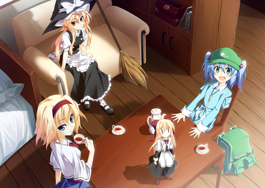 alice_margatroid apron aqua_eyes backpack bad_id bad_pixiv_id bag bed blonde_hair blue_eyes blue_hair book bow broom cabinet capelet chair couch cup frills from_above hair_bobbles hair_bow hair_ornament hairband hat hat_ribbon kawashiro_nitori key kirisame_marisa looking_up matsuyama_nozomu multiple_girls ribbon saucer shanghai_doll short_hair sitting table tea teacup teapot touhou two_side_up waist_apron witch_hat yellow_eyes |_|