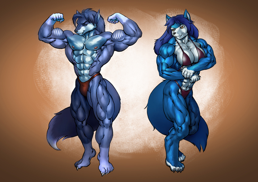 abs anthro biceps big_breasts blue blue_fur blue_hair breasts bulge canine claws cool_colors duo fabian female flexing fur grin hair hopey long_hair male mammal muscles muscular_female nipples pecs pokkuti pose smile speedo standing swimsuit tail toe_claws toned topless wolf wolfess