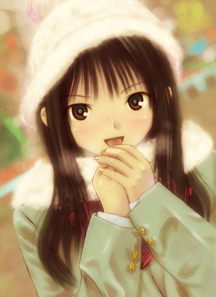 beanie brown_eyes brown_hair hat highres kobayashi_yuuji long_hair open_mouth original scarf solo winter_clothes