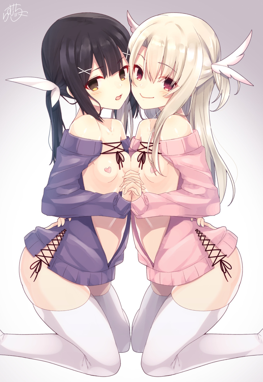 2girls bangs bare_shoulders black_hair blush breasts brown_eyes center_opening closed_mouth collarbone fate/kaleid_liner_prisma_illya fate_(series) feathers gradient gradient_background grey_background hair_between_eyes hair_feathers hair_ornament hairclip hand_holding heart_pasties highres hips illyasviel_von_einzbern interlocked_fingers kneeling long_hair long_sleeves looking_at_viewer miyu_edelfelt multiple_girls navel off-shoulder_sweater open_mouth pasties pink_sweater purple_sweater ramchi red_eyes signature small_breasts smile sweater thighhighs thighs twintails two_side_up white_hair white_legwear