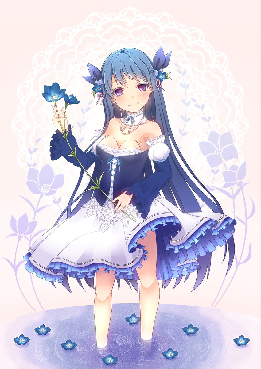 bad_id bad_pixiv_id bangs bare_shoulders blue_hair blush breasts cleavage detached_collar detached_sleeves dress flower hair_flower hair_ornament highres jewelry long_hair medium_breasts necklace original pearl_necklace purple_eyes smile solo standing strapless strapless_dress tsukishiro_kouya very_long_hair wading