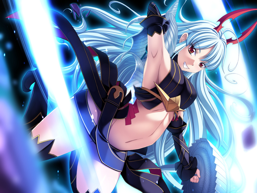 aliasse armpits breasts highres horns kanisaka large_breasts long_hair midriff navel older red_eyes senjou_no_valkyria senjou_no_valkyria_2 sideboob silver_hair solo thighhighs very_long_hair wallpaper