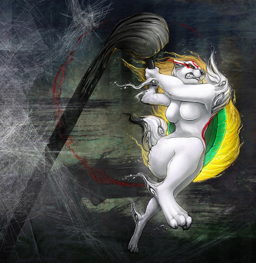 &#332;kami ?kami anthro anthrofied brush brushstroke canine deity female kyma mammal nude paint snarl snarling solo tame video_games wolf