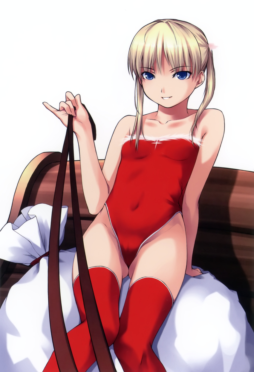 absurdres bare_shoulders blonde_hair blue_eyes cameltoe christmas flat_chest highres long_hair navel one-piece_swimsuit ooji original pinky_out red_legwear sack simple_background sitting sleigh smile solo swimsuit thighhighs twintails