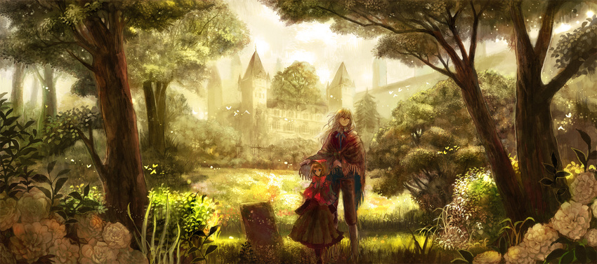 1girl bird castle chibi_(shimon) child flower garden grass highres long_image original scenery shade sunlight tree wide_image