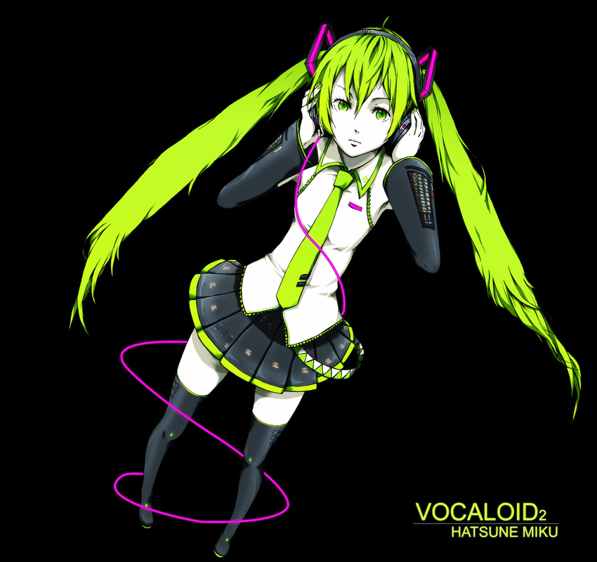 ahoge detached_sleeves from_above green_eyes green_hair hatsune_miku headphones long_hair necktie pio simple_background solo thighhighs twintails very_long_hair vocaloid