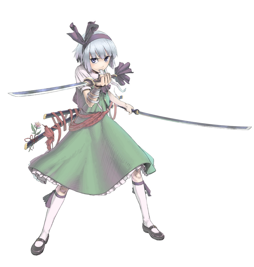 absurdres bandages black_hairband blue_eyes cuboon dual_wielding fighting_stance flower full_body hairband highres holding konpaku_youmu mouth_hold short_hair silver_hair solo standing sword touhou transparent_background weapon