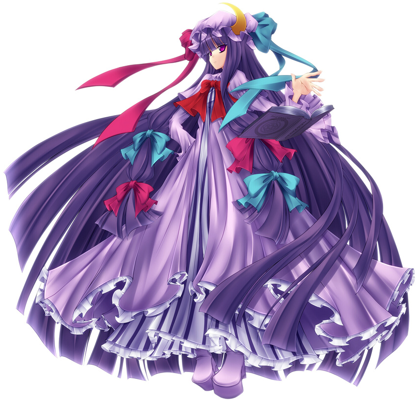 bad_id bad_pixiv_id bangs blunt_bangs book boots bow crescent dress floating floating_object hair_bow hat highres long_hair mikan_(5555) open_book patchouli_knowledge platform_footwear platform_heels purple_eyes purple_hair solo touhou very_long_hair