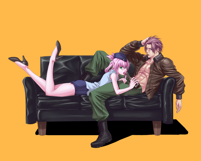 1girl abs akagi_gishou amanda_werner ass between_legs blassreiter boots brown_hair cigar couch garrison_cap green_eyes hat hermann_salza high_heels jacket legs lying miniskirt on_stomach open_mouth phallic_symbol pink_hair sexually_suggestive shoes skirt sleeves_rolled_up tongue uniform updo