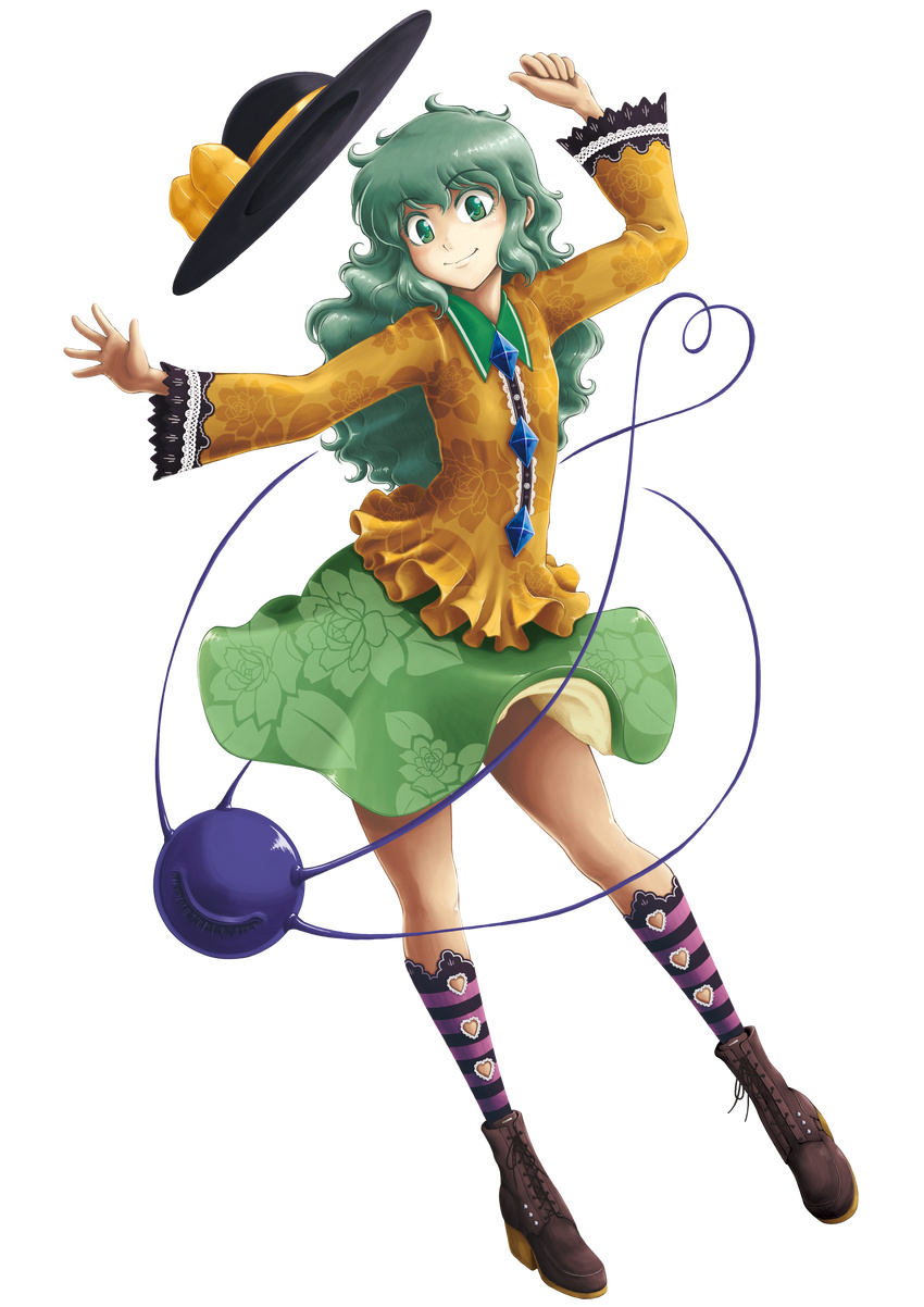 absurdres bad_id bad_pixiv_id blouse boots frills full_body green_eyes green_hair hat heart heart_of_string high_heels highres komeiji_koishi legs long_hair nerikeshi shoes skirt smile solo touhou transparent_background