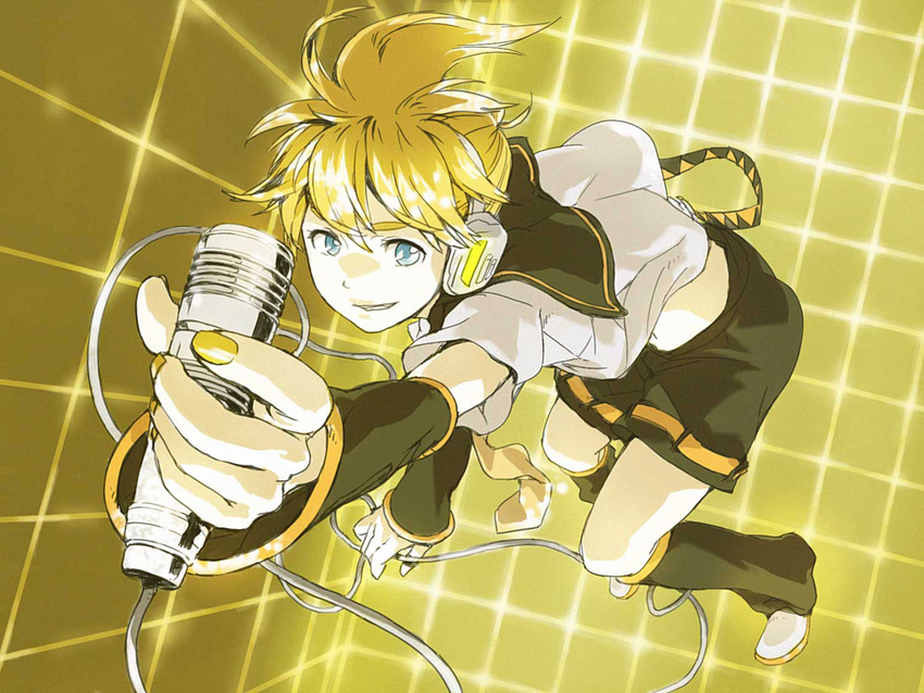 aqua_eyes blonde_hair headphones kagamine_len male_focus microphone mrbr nail_polish shorts smile solo vocaloid