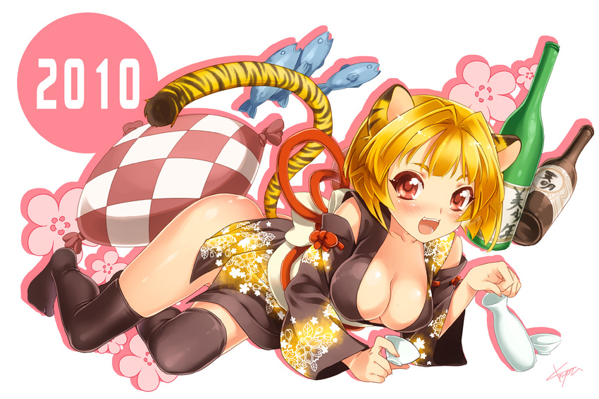 2010 alcohol animal_ears black_legwear breasts cleavage fish flower highres kayou_(kayou-bi) large_breasts new_year open_mouth original pillow red_eyes sake shadow smile solo tail thighhighs tiger_ears tiger_tail