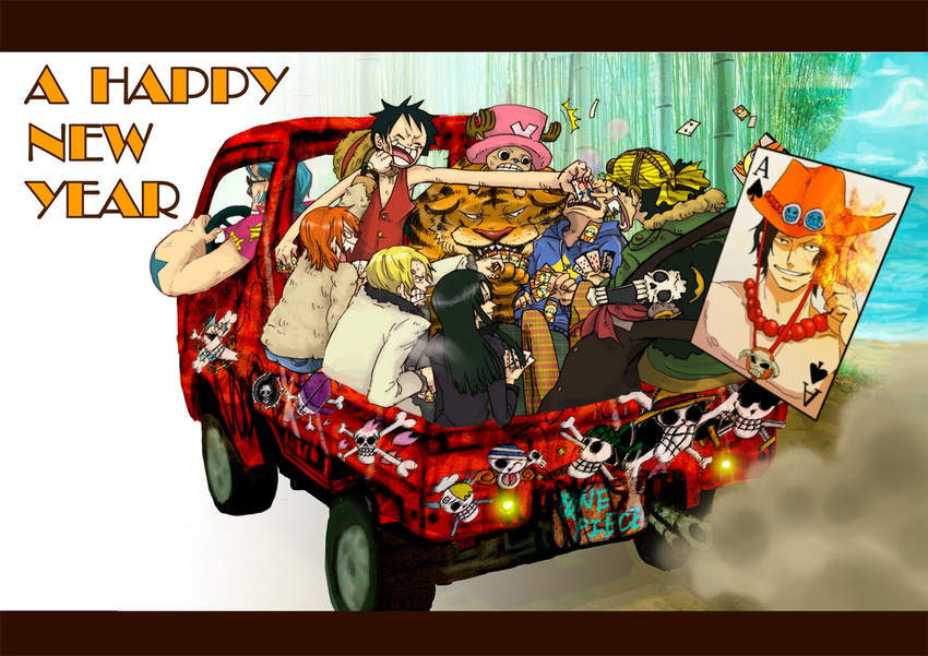 6+boys afro azian_nazia black_hair blonde_hair blue_hair brook car card cigarette clenched_teeth everyone falling_card floating_card franky green_hair ground_vehicle hat holding holding_card jolly_roger left-hand_drive letterboxed log_pose long_hair monkey_d_luffy motor_vehicle multiple_boys multiple_girls nami_(one_piece) nico_robin one_piece orange_hair pink_hat playing_card portgas_d_ace pun roronoa_zoro sanji scar shanks short_hair skeleton skull_and_crossbones straw_hat sunglasses tattoo teeth tiger tony_tony_chopper usopp
