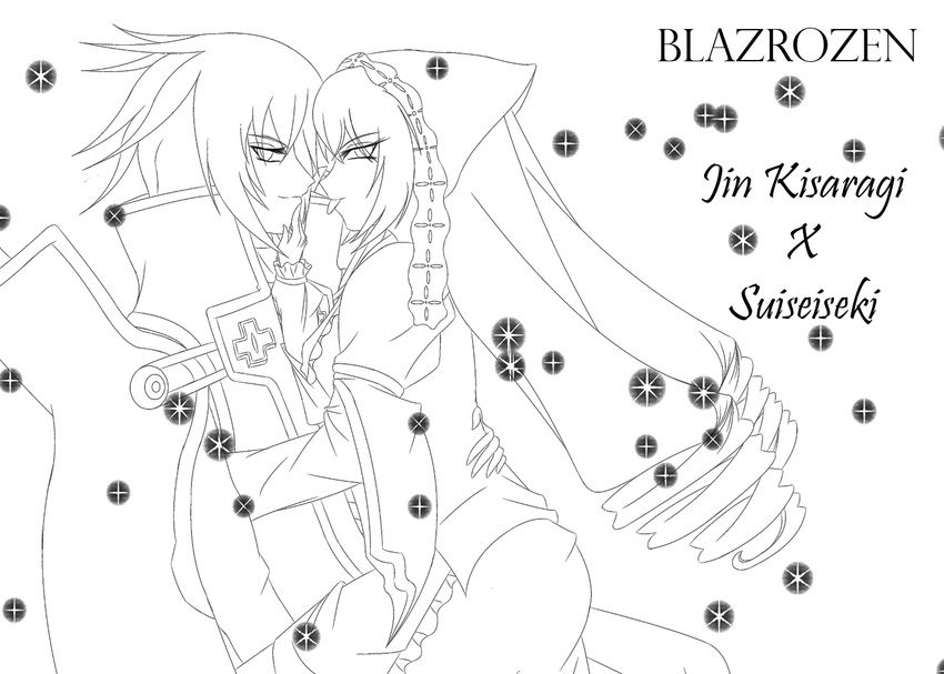 1girl :p blazblue chin_grab couple crossover dress drill_hair greyscale hetero hug jin_kisaragi lineart long_hair looking_back military military_uniform monochrome rozen_maiden short_hair smile suiseiseki tongue tongue_out twin_drills twintails uniform very_long_hair