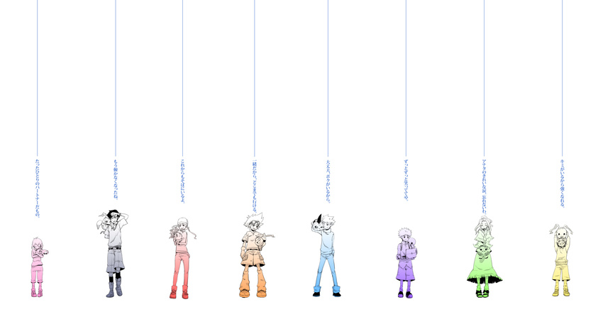 5boys digimon digimon_adventure everyone glasses gloves goggles hat highres hug ishida_yamato izumi_koushirou jewelry kido_jou koromon lineup long_hair mochimon monochrome multiple_boys multiple_girls necklace notebook nyaromon ponytail pukamon pyocomon reo_(pixiv_1466910) short_hair smile tachikawa_mimi takaishi_takeru takenouchi_sora tanemon tears tokomon translated tunomon wristband yagami_hikari yagami_taichi