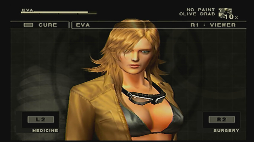3d bangs bikini bikini_top black_bikini blonde_hair blue_eyes breasts character_name eva_(mgs) flipped_hair goggles goggles_around_neck hair_over_one_eye large_breasts lips long_hair looking_at_viewer metal_gear_(series) metal_gear_solid_3 open_clothes screencap solo swimsuit upper_body