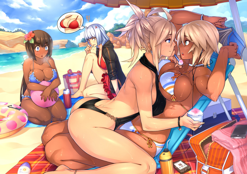 4girls ahoge_girl_(23) anger_vein anklet arched_back arms_up ass ball barefoot beach beachball bikini biting blonde_hair blood blue_eyes blue_hair blush book bracelet breast_envy breast_press breasts brown-haired_girl_(23) brown_hair casual_one-piece_swimsuit cellphone choker cleavage commentary couple covered_nipples criss-cross_halter curvy dark-skinned_girl_(23) dark_skin day digital_media_player earbuds earphones earrings eye_contact female_pervert flat-chested_girl_(23) flower green_eyes hair_flower hair_ornament halter_top halterneck hibiscus highleg highleg_swimsuit highres holding holding_book hood hooded_jacket innertube iphone jacket jewelry large_breasts long_hair looking_at_another multiple_girls muscle nosebleed object_hug one-piece_swimsuit one-piece_thong open_mouth original outdoors pervert phone ponytail red_eyes ring seiza shaved_ice short_hair side-tie_bikini sitting smartphone smile steam straddling sweat swimsuit thumb_biting umbrella wedding_band wife_and_wife yuri