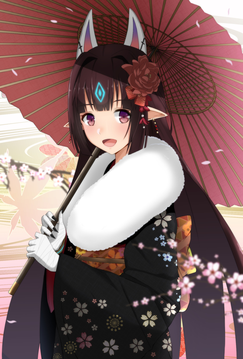 1girl 2019 animal_ears black_hair blush fox_mask highres japanese_clothes kasane_(xenoblade) kimono long_hair looking_at_viewer mask mebi_(mebieru) new_year nintendo obi open_mouth pointy_ears red_eyes sash simple_background smile solo umbrella xenoblade_(series) xenoblade_2