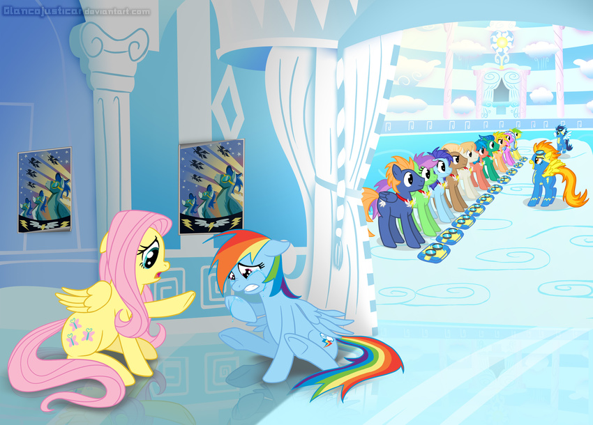 cloud cool_colors crying cutie_mark equine eyewear female feral fluttershy_(mlp) friendship_is_magic glancojusticar goggles group hasbro horse male mammal my_little_pony not_living_the_dream pegasus poster rainbow_dash_(mlp) skinsuit soarin_(mlp) spitfire_(mlp) tears unknown_pony wings wonderbolts_(mlp)