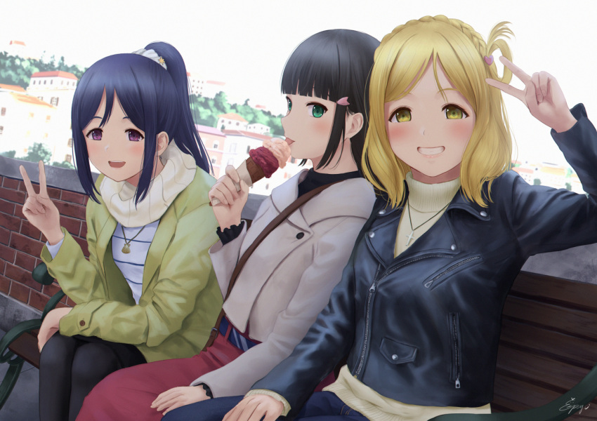 3girls :d :p alternate_costume arm_up bag bangs bench black_hair black_jacket black_legwear blonde_hair blue_hat blunt_bangs blush braid brick_wall casual commentary_request cross cross_necklace crown_braid day denim eating food green_eyes green_jacket grey_jacket grey_sweater grin hair_ornament hair_rings hairclip hand_on_lap hat heart heart_hair_ornament high_ponytail holding holding_food ice_cream ice_cream_cone jacket jeans jewelry kurosawa_dia leather leather_jacket long_hair long_skirt long_sleeves looking_at_viewer love_live! love_live!_sunshine!! matsuura_kanan medium_hair multiple_girls necklace ohara_mari on_bench open_clothes open_jacket open_mouth outdoors pants pantyhose papi_(papiron100) parted_bangs pendant purple_eyes red_skirt round_teeth scarf seashell seashell_necklace shell shirt shoulder_bag sidelocks signature sitting skirt smile striped striped_shirt sweater tareme teeth tongue tongue_out town turtleneck turtleneck_sweater upper_body v white_scarf white_shirt zipper