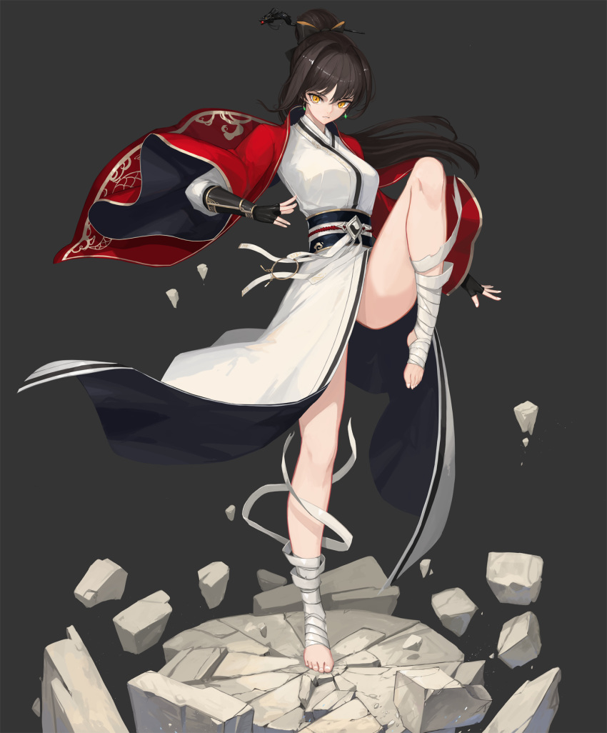 1girl akai2930 ankle_wrap brown_hair cracked_floor earrings fighting_stance fingerless_gloves floating_rock full_body gloves grey_background highres japanese_clothes jewelry kimono leg_wrap looking_at_viewer obi original parted_lips ponytail rubble sash solo standing standing_on_one_leg tsurime wide_sleeves yellow_eyes