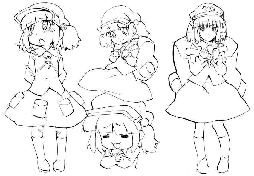 :3 backpack bag blush_stickers boots child expressions greyscale hair_bobbles hair_ornament kawashiro_nitori key monochrome neibii touhou two_side_up