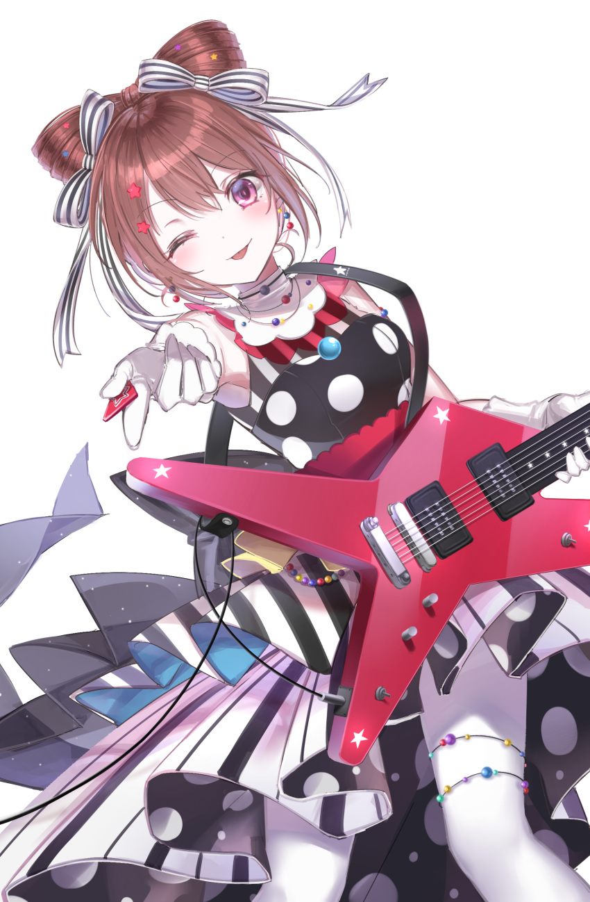 1girl ;p absurdres alternate_hairstyle back_bow bang_dream! bangs blush boo_1 bow bow_by_hair brown_hair commentary dress earrings electric_guitar gloves guitar hair_ornament hair_ribbon highres holding holding_instrument instrument jewelry looking_at_viewer one_eye_closed outstretched_arm pale_skin pantyhose plectrum polka_dot polka_dot_dress purple_eyes ribbon sidelocks simple_background solo star star_hair_ornament striped striped_dress striped_ribbon symbol_commentary textless thighlet tongue tongue_out toyama_kasumi white_background white_gloves white_legwear
