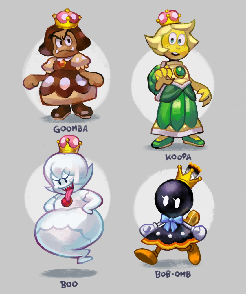 ballooncar bob-omb boo boots bow brown_dress character_name dress eyelashes fuse gloves goomba grey_background highres koopa mario_(series) nintendo simple_background super_crown tongue tongue_out walking white_eyes white_gloves