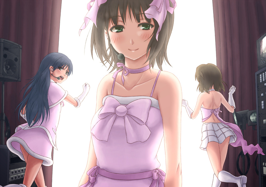 amami_haruka bare_shoulders blue_hair blush boots bow brown_eyes brown_hair cute_&amp;_girly_(idolmaster) dress elbow_gloves gloves green_eyes hagiwara_yukiho hair_bow headset highres idolmaster idolmaster_(classic) kisaragi_chihaya long_hair multiple_girls open_mouth pink_bow puton running short_hair skirt smile snow_strawberry_(idolmaster)