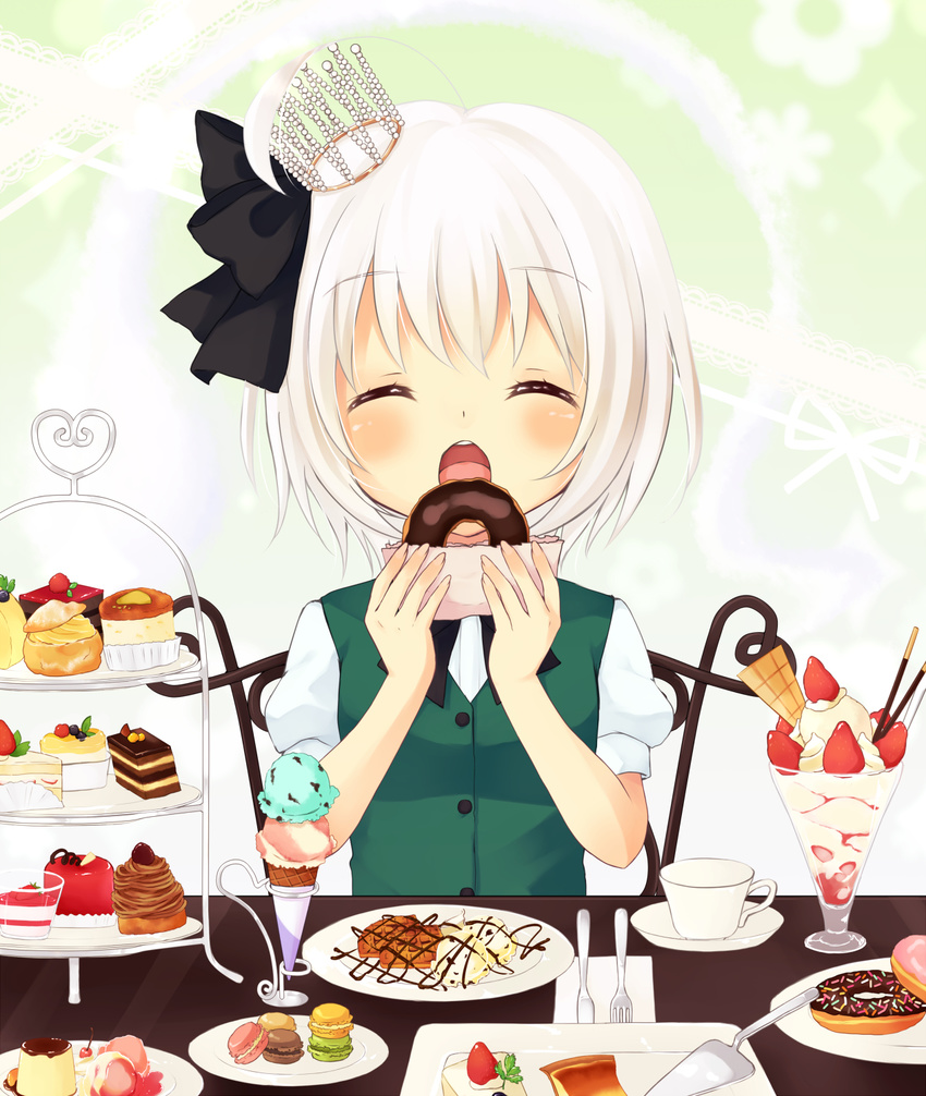 ahoge blush cake cherry chocolate_mint_ice_cream chocolate_syrup closed_eyes cone_holder crown cup dessert double_scoop doughnut eating food fork fruit hairband happy highres ice_cream ice_cream_cone knife konpaku_youmu macaron mini_crown mont_blanc_(food) napkin open_mouth parfait plate pudding purin_jiisan short_hair silver_hair sitting slice_of_cake solo sprinkles strawberry strawberry_shortcake table teacup tiered_tray touhou upper_body wafer