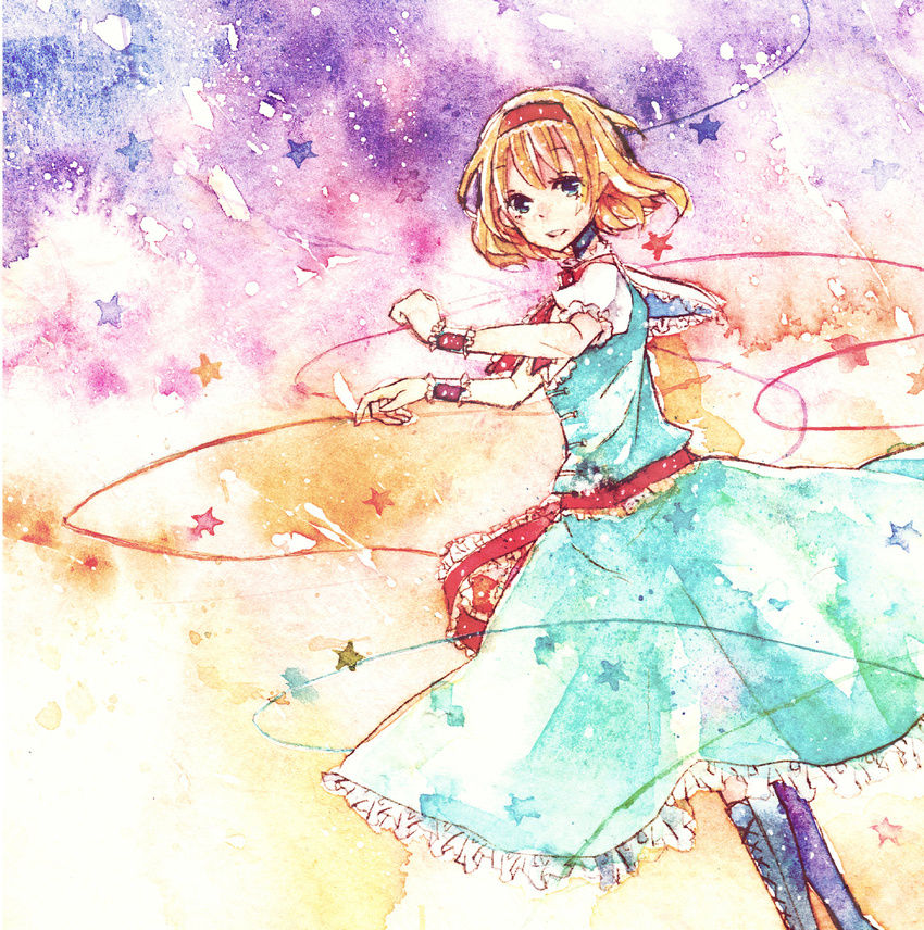 alice_margatroid blonde_hair blue_eyes boots capelet dress hairband highres open_mouth shiratsuyu short_hair solo touhou traditional_media watercolor_(medium) wire