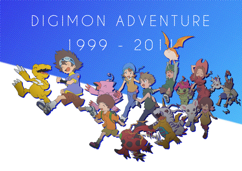 5boys :d age_difference agumon arm_up arms_up backpack bag bangs bat_wings beanie belt bird black_hair blue_eyes blue_hair book brother_and_sister brothers brown_eyes brown_hair buttons capelet carrying cat child claws closed_eyes copyright_name cowboy_hat dated digimon digimon_adventure dinosaur dragging dress everyone eyewear_removed flying fringe_trim gabumon glasses gloves goggles goggles_on_head gomamon gradient gradient_background green_eyes grey_hair hand_on_headwear hat holding_hand holding_hands horn inset ishida_yamato izumi_koushirou jewelry kadenden kido_jou long_dress long_sleeves motion_blur multiple_boys multiple_girls necklace open_mouth palmon pants patamon piyomon red_eyes running satchel scarf shirt shoes short_hair short_sleeves shorts siblings sleeveless sleeveless_turtleneck smile sneakers socks spiked_hair spikes spill star star_print sweatdrop tachikawa_mimi tailmon takaishi_takeru takenouchi_sora teeth tentomon tripping turtleneck watch whistle wince wing_collar wings wristband wristwatch yagami_hikari yagami_taichi