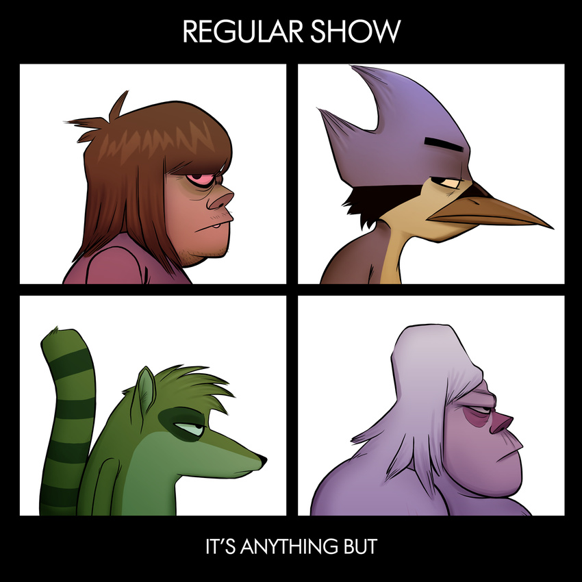 album album_cover amazing avian bird blue_jay cover demon_days gorillaz mammal mordecai muscle_man muscleman parody raccoon regular regular_show rigby rigby_(regular_show) skips skips_(regular_show)