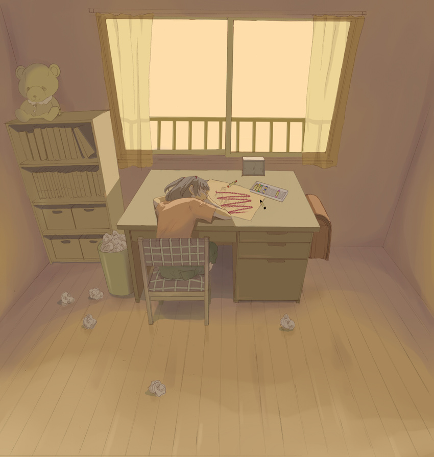 backpack bag bookshelf chair clock crayon crumpled_paper desk drawings from_behind goke_shike_(altamira05) highres indoors original paper randoseru room school_bag shirt short_hair sitting sleeping solo stuffed_animal stuffed_toy t-shirt tears teddy_bear trash_can twilight twintails window