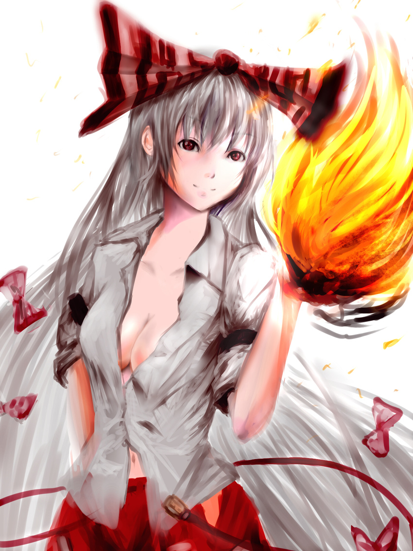 bad_id bad_pixiv_id bow breasts cleavage collarbone dress_shirt fire fujiwara_no_mokou hair_bow highres large_breasts long_hair matsukaze navel no_bra red_eyes shirt simple_background sketch sleeves_rolled_up smile solo suspenders touhou upper_body very_long_hair