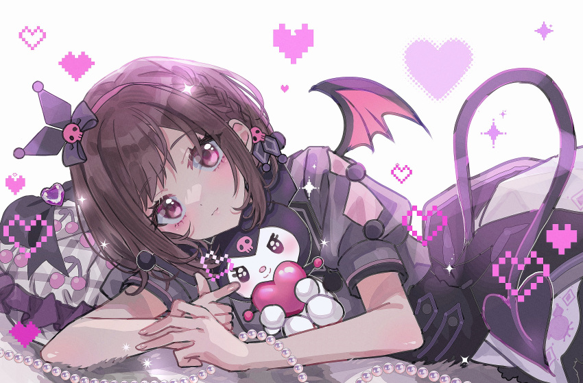 1girl absurdres beads black_bow black_corset black_tail black_wings blush bow braid brown_hair cherry_print closed_mouth commentary corset demon_tail earrings english_commentary eyelashes food_print french_braid frilled_pillow frills grey_shirt hair_bow hair_ornament heart highres jewelry kuromi looking_at_viewer lying mafuyusdil on_side onegai_my_melody pillow pixel_heart project_sekai puffy_short_sleeves puffy_sleeves purple_eyes sanrio shinonome_ena shirt short_hair short_sleeves sidelocks simple_background single_braid single_earring skirt skull_earrings skull_hair_ornament sparkle swept_bangs tail white_background wings