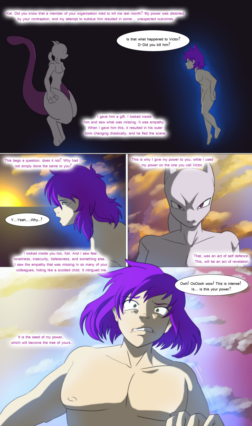 absurd_res anthro cloudscape colored comic dialogue duo english_text floating generation_1_pokemon glowing hair hi_res human legendary_pokemon male mammal mewtwo nintendo nude pokemon pokemon_(species) psychic_powers purple_hair scared sky speech_bubble surprised_expression text tfsubmissions void white_body