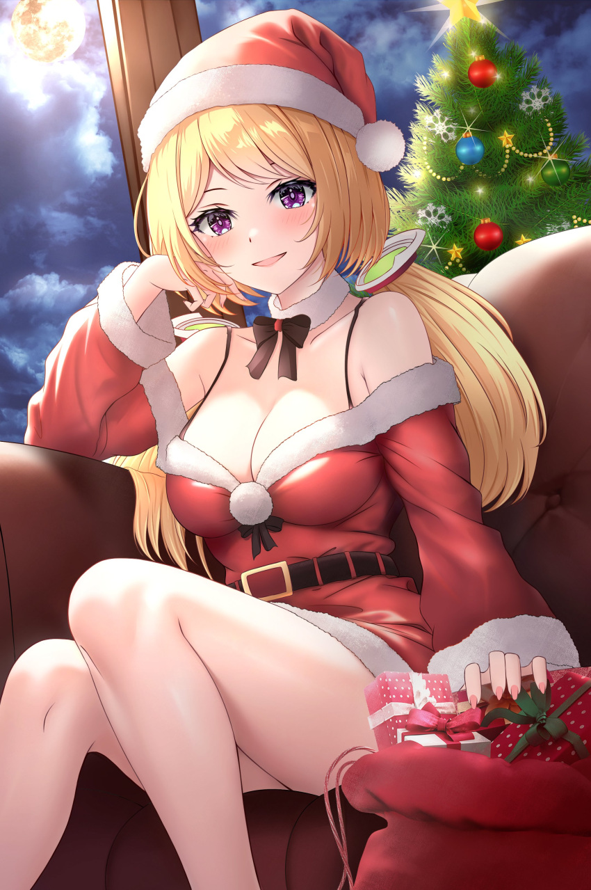 1girl absurdres aki_rosenthal blonde_hair blush breasts christmas_ornaments christmas_present christmas_tree cloud detached_hair dress full_moon fur-trimmed_dress fur-trimmed_headwear fur-trimmed_sleeves fur_trim gift hat head_rest highres hololive large_breasts long_hair long_sleeves looking_at_viewer moon purple_eyes red_dress red_headwear red_sleeves sack santa_dress santa_hat shde_odeenz smile solo twintails virtual_youtuber
