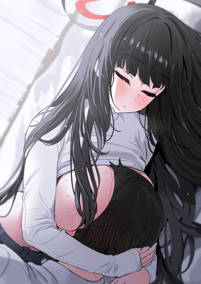 1girl absurdres between_breasts black_hair blue_archive breast_smother breasts closed_eyes face_between_breasts face_to_breasts hair_ornament hairclip halo head_between_breasts highres large_breasts long_hair lying rio_(blue_archive) sleeping smother sweat sweater turtleneck turtleneck_sweater very_long_hair yuki_(asayuki101)