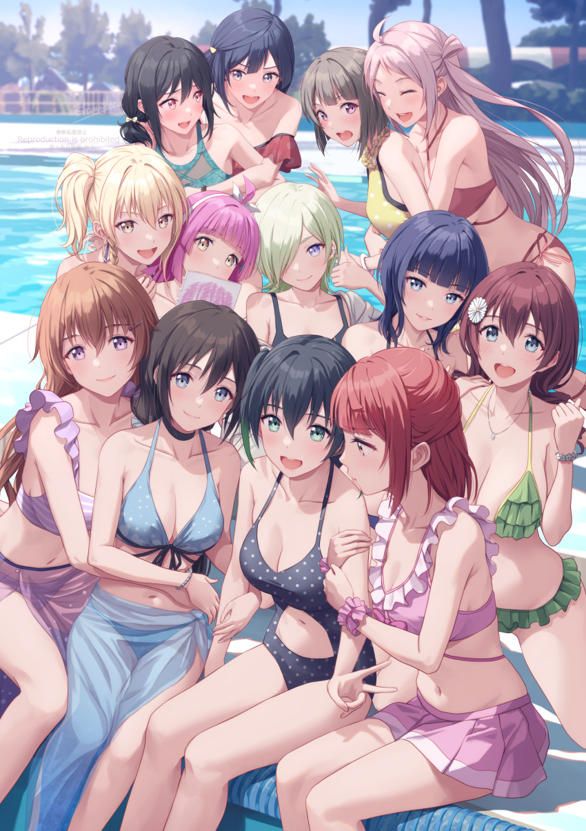 6+girls ahoge arm_around_waist arm_grab asaka_karin bare_shoulders bikini black_bikini black_eyes black_hair blonde_hair blue_bikini blue_eyes blue_hair blunt_bangs breasts brown_hair cleavage clenched_hand closed_eyes closed_mouth collarbone emma_verde furrowed_brow green_eyes grey_hair hair_between_eyes hair_over_one_eye highres hug hug_from_behind jewelry konoe_kanata large_breasts long_hair looking_at_viewer love_live! love_live!_nijigasaki_high_school_idol_club medium_breasts medium_hair mia_taylor midriff mifune_shioriko miyashita_ai multiple_girls nakasu_kasumi navel necklace one_eye_covered one_side_up open_mouth orange_eyes orange_hair ousaka_shizuku pink_bikini pink_hair pool purple_bikini purple_eyes red_bikini red_hair shamakho short_hair side_ponytail sidelocks sitting swimsuit takasaki_yuu tennouji_rina thumbs_up twintails uehara_ayumu upper_body v yellow_eyes yuuki_setsuna_(love_live!) zhong_lanzhu