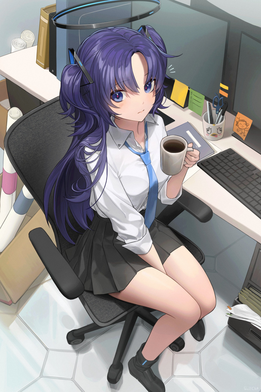 1girl absurdres arona's_sensei_doodle_(blue_archive) black_skirt blue_archive blue_necktie blush closed_mouth coffee collared_shirt cup highres holding holding_cup indoors keyboard_(computer) long_hair long_sleeves looking_at_viewer monitor necktie pen peroro_(blue_archive) pleated_skirt purple_eyes purple_hair scissors sei!cho sensei_(blue_archive) shirt sitting skirt solo swivel_chair two_side_up white_shirt yuuka_(blue_archive)