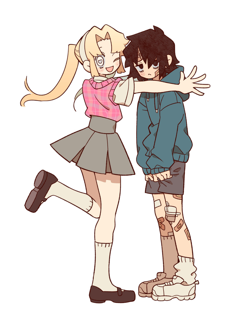 2girls :c absurdres bandaid bandaid_on_face bandaid_on_knee bandaid_on_leg black_eyes black_hair blonde_hair blue_hoodie blush full_body grey_shorts grey_skirt hairband half-closed_eyes heart heart-shaped_pupils highres hood hoodie long_hair looking_at_viewer multiple_girls naneun_eimileul_salanghae one_eye_closed open_mouth outstretched_arms pink_sweater_vest pleated_skirt short_hair shorts skirt smile socks standing standing_on_one_leg sweater_vest symbol-shaped_pupils unn1666 white_background white_hairband white_socks yuri