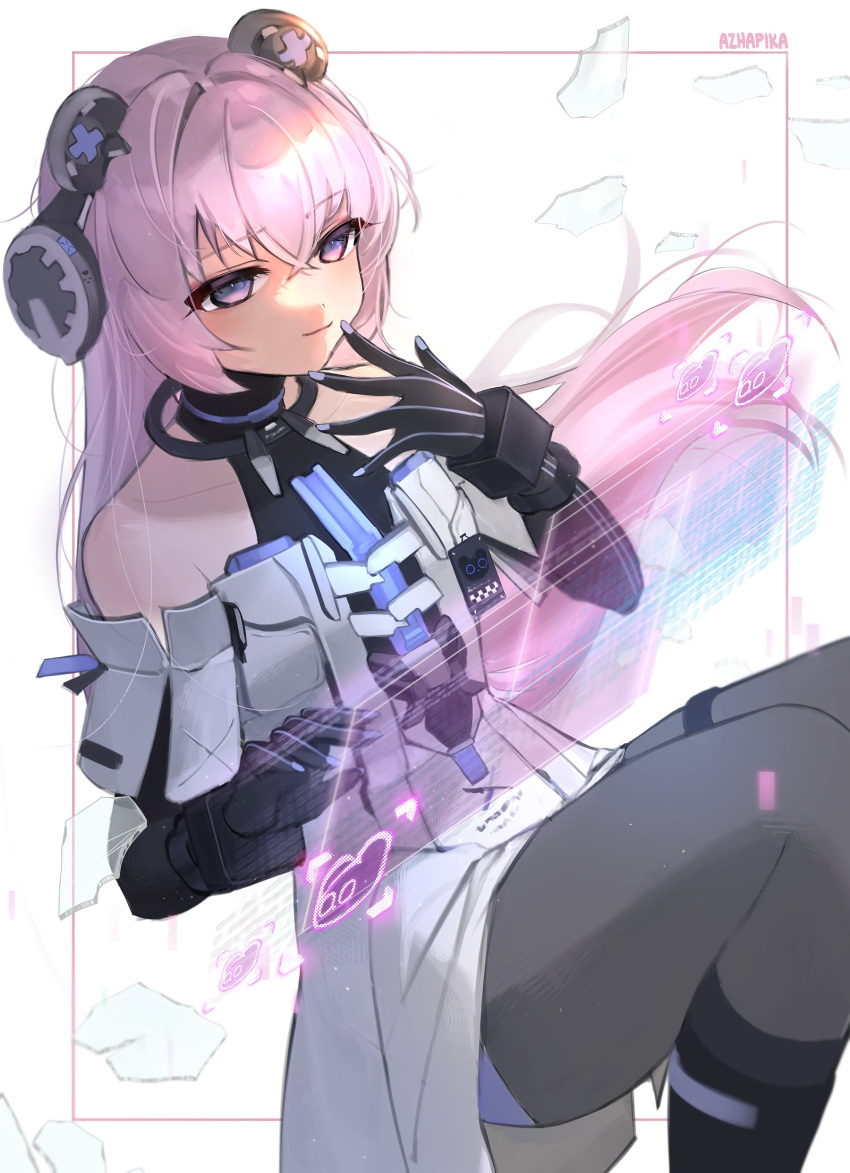 1girl absurdres animal_ears bare_shoulders bear_ears black_pantyhose black_shirt closed_mouth coat collared_shirt crossed_bangs hair_between_eyes headgear headphones highres long_hair mechanical_arms mechanical_ears nellku24 pantyhose pink_eyes pink_hair punishing:_gray_raven shirt short_sleeves sidelocks solo teddy_(punishing:_gray_raven) white_coat