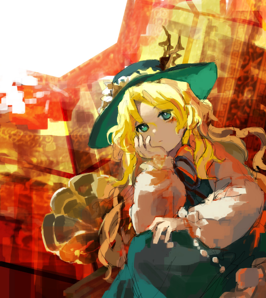 1girl blonde_hair closed_mouth commentary_request dolls_in_pseudo_paradise expressionless frilled_sleeves frills green_eyes green_headwear green_skirt green_vest hand_on_own_cheek hand_on_own_face hat highres jacket_girl_(dipp) kaigen_1025 long_hair long_sleeves phonograph sitting sketch skirt solo touhou vest wavy_hair